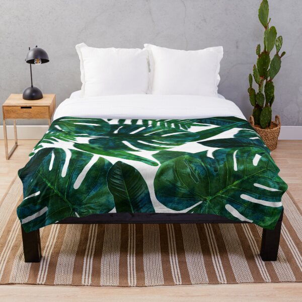 Perceptive Dream, Tropical Jungle Nature Botanical Watercolor Painting, Palm Monstera Bohemian Illustration Throw Blanket