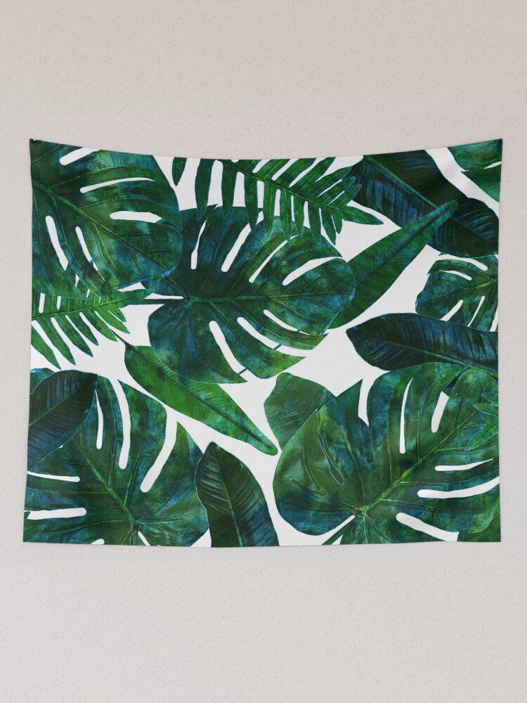 Discover Tropical Nature Monstera Watercolor Painting, Botanical Jungle Dark Palm Illustration | Tapestry
