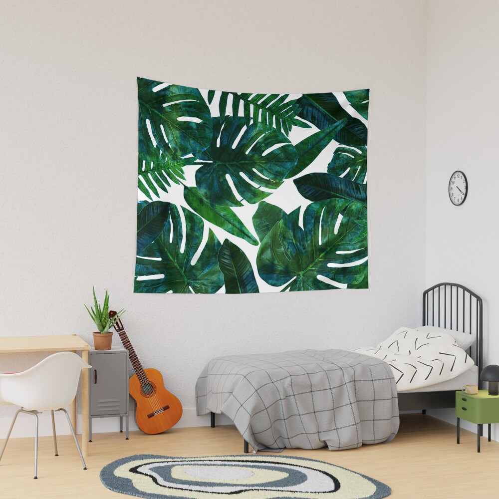 Disover Tropical Nature Monstera Watercolor Painting, Botanical Jungle Dark Palm Illustration | Tapestry