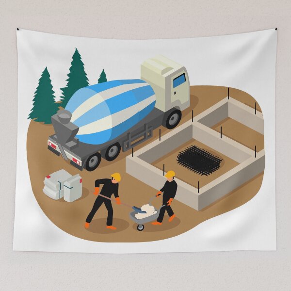 Item preview, Vector isometric illustration of workers building foundation pad of a private house designed and sold by Familyshmot.