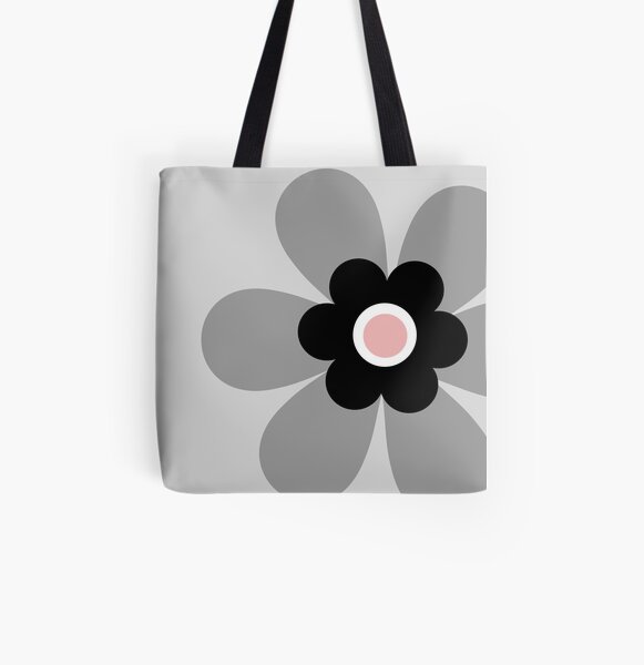 Cute retro 70s simple flower power groovy block colour graphic, in soft pastel grey, black and blush pink All Over Print Tote Bag