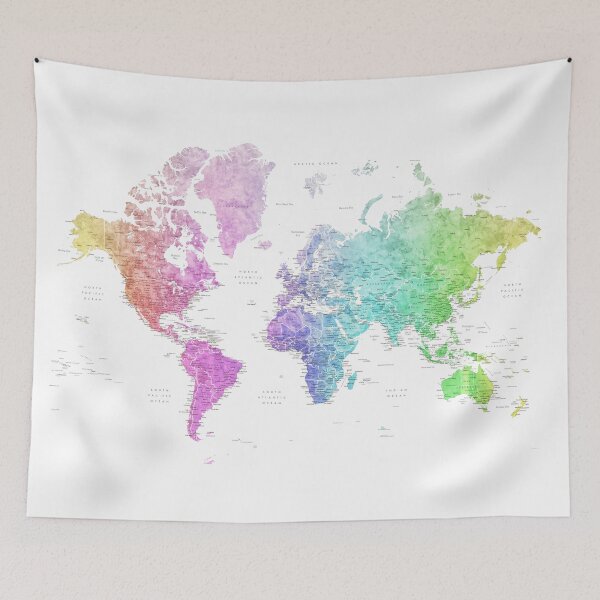 Item preview, Rainbow watercolor detailed world map Jude designed and sold by blursbyai.