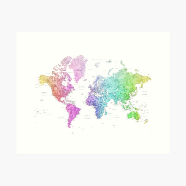 Vista previa del artículo con la obra «Mapa del mundo detallado acuarela arco iris Jude», diseñado y vendido por blursbyai.