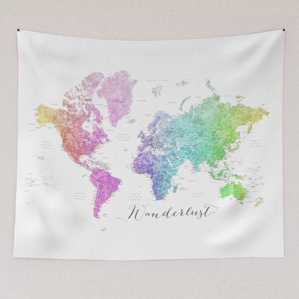 Item preview, Wanderlust rainbow watercolor detailed world map Jude designed and sold by blursbyai.
