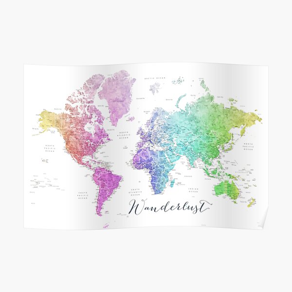 Wanderlust rainbow watercolor detailed world map Jude Poster