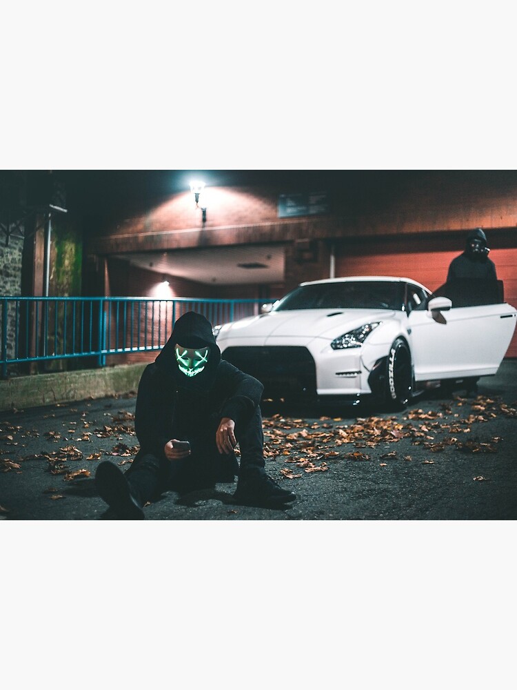 two men in masks with a white nissan gtr r36 Art Board Print for