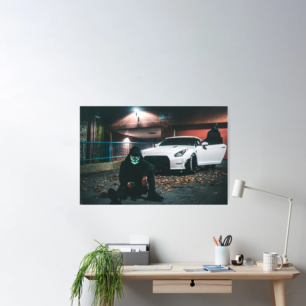 two men in masks with a white nissan gtr r36 Art Board Print for