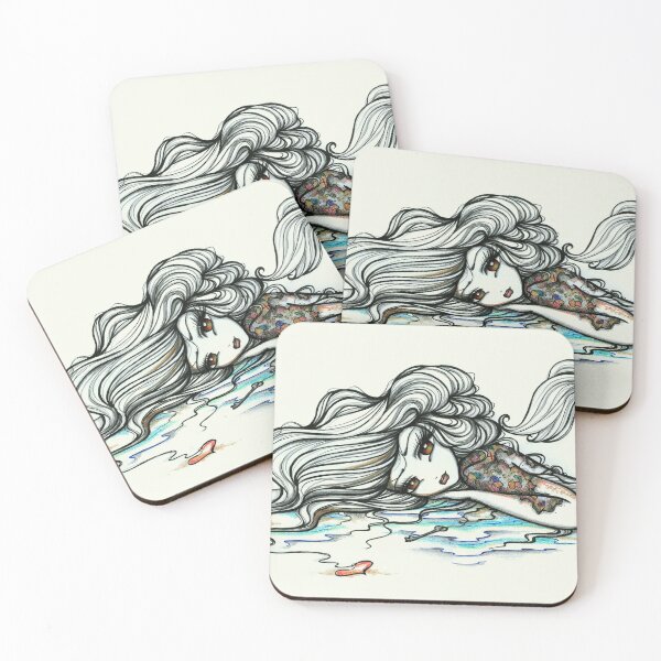 Item preview, Mermaid with tattoos Black and White with a Pop of Color designed and sold by hannahlynnart.