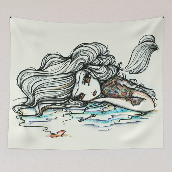 Item preview, Mermaid with tattoos Black and White with a Pop of Color designed and sold by hannahlynnart.