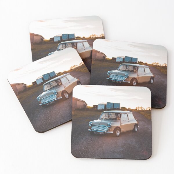 Item preview, small classic Mini parked next to field in sunset designed and sold by erikallen920.