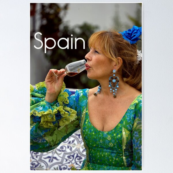 Artikelvorschau, Spanien - Spanierin im Flamenco-Kleid trinkt ein Glas Sherry entworfen und verkauft von Jack Cox.