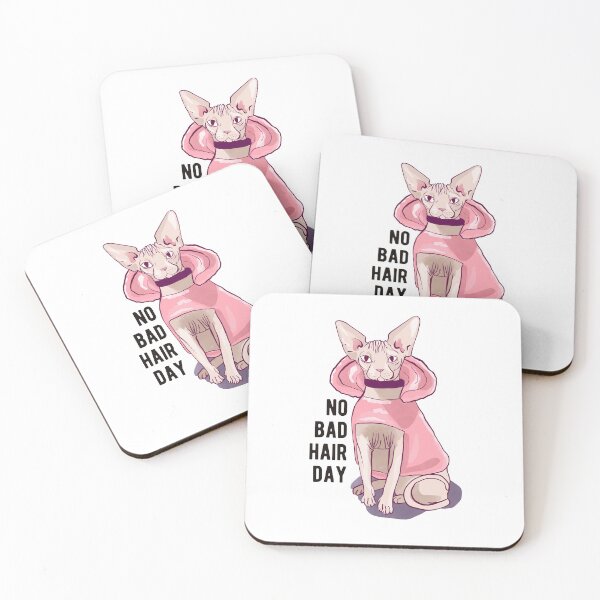 Item preview, Never a bad hair day - Hairless Sphynx Cat wearing a Fluffy Pink Hoodie - Funny Animal Quote - Line Drawing Wrinkly Kitty designed and sold by AnanasArt.