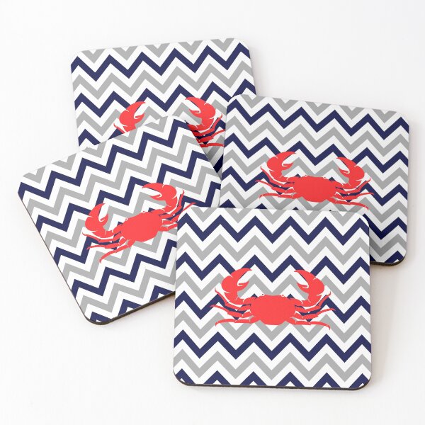 Item preview, 1980s Preppy mid century modern Summer Beach Grey Blue Chevron Nautical Crab designed and sold by IamTrending.