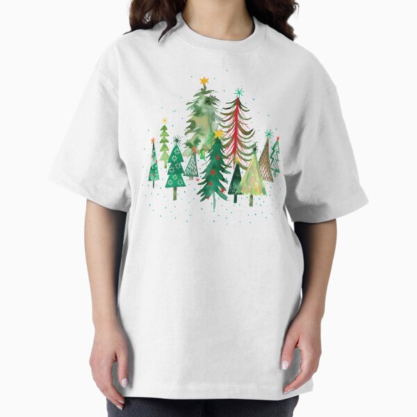 Pines and spruces forest - Christmas trees decorations pattern- Red green Oversized T-Shirt