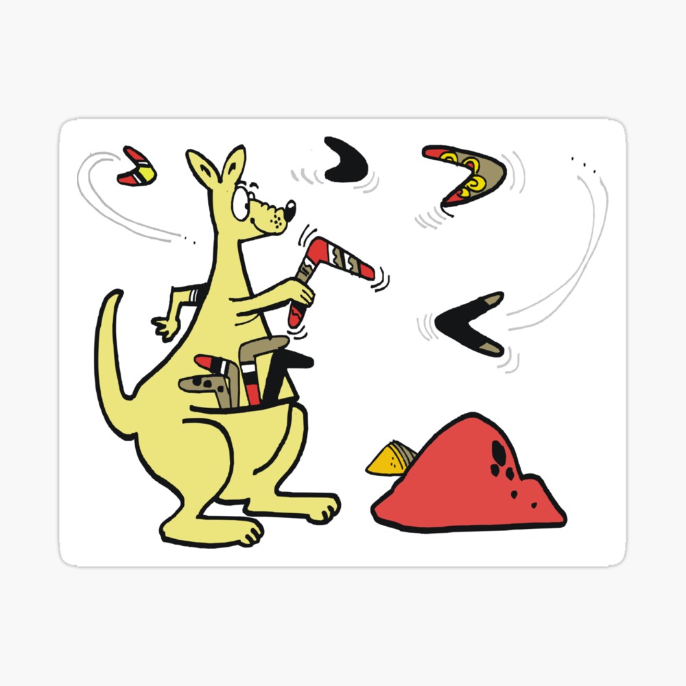 Cartoon of funny kangaroo throwing boomerangs in outback Australia