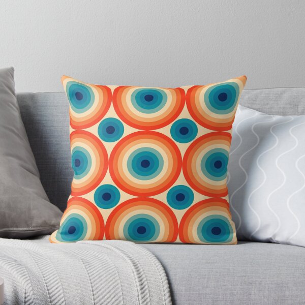 70s Polka Eye illusion Dot Pattern in Orange and Blue Throw Pillow