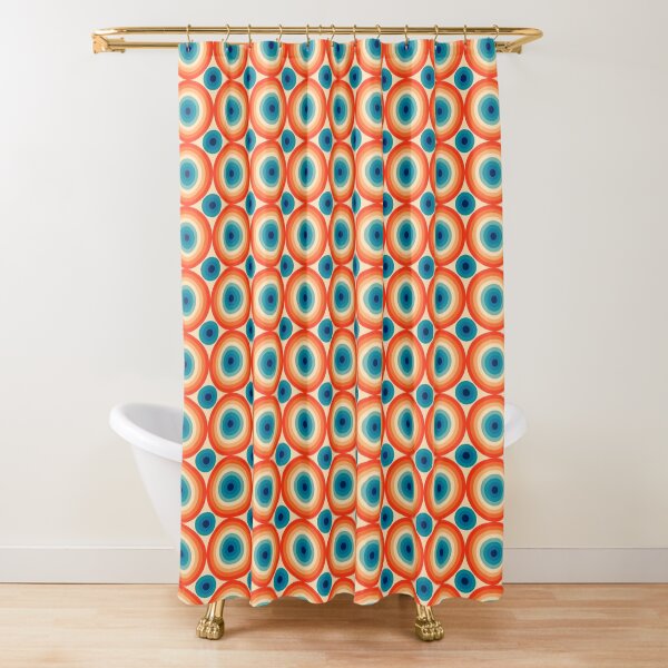 70s Polka Eye illusion Dot Pattern in Orange and Blue Shower Curtain