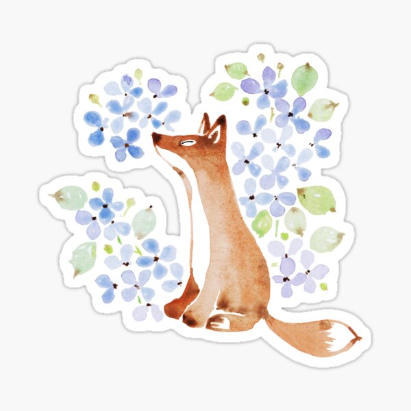Fox and Blue Hydrangea Sticker