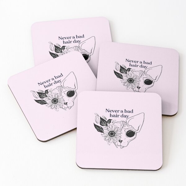 Item preview, Never a bad hair day - Hairless Sphynx Cat Skull with a Sunflower - Funny Animal Quote - Line Drawing Wrinkly Kitty - Blush Pink - Gold Rose designed and sold by AnanasArt.