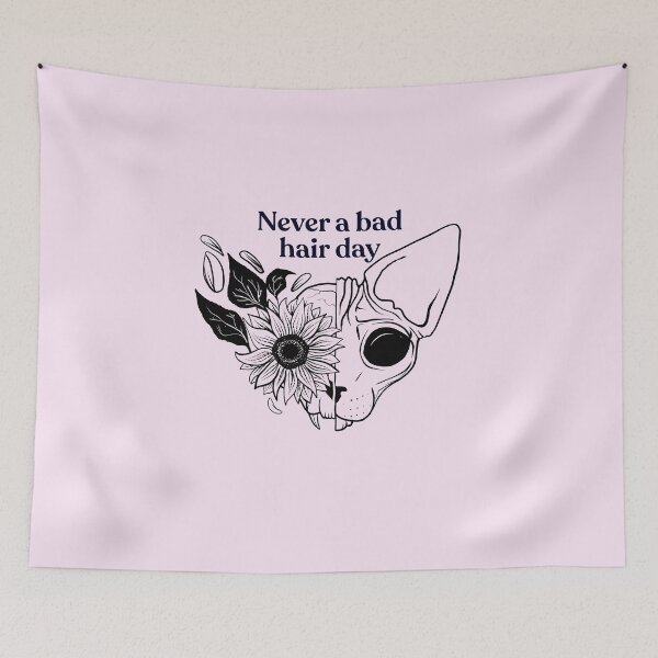 Item preview, Never a bad hair day - Hairless Sphynx Cat Skull with a Sunflower - Funny Animal Quote - Line Drawing Wrinkly Kitty - Blush Pink - Gold Rose designed and sold by AnanasArt.