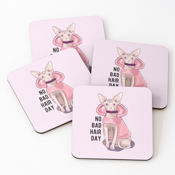 Item preview, Never a bad hair day - Hairless Sphynx Cat wearing a Fluffy Pink Hoodie - Funny Animal Quote - Line Drawing Wrinkly Kitty - Blush Pink - Gold Rose designed and sold by AnanasArt.