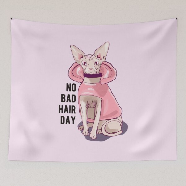 Item preview, Never a bad hair day - Hairless Sphynx Cat wearing a Fluffy Pink Hoodie - Funny Animal Quote - Line Drawing Wrinkly Kitty - Blush Pink - Gold Rose designed and sold by AnanasArt.