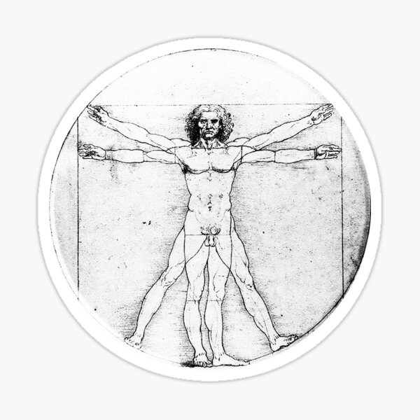 LEONARDO Da Vinci. The Vitruvian Man. Naked. CIRCLE. C.1485. Academia, Venice. On BLACK. Sticker