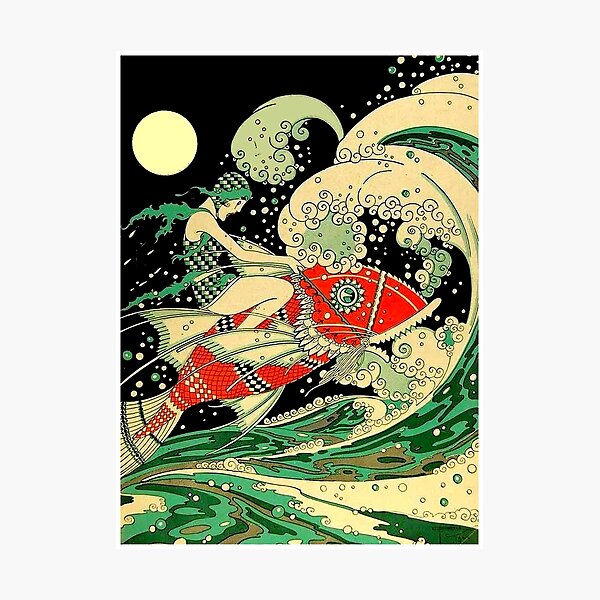Aperçu de l'œuvre  FLAPPER: Vintage 1926 surfant sur un poisson Pinup Beauty Print créée et vendue par posterbobs.