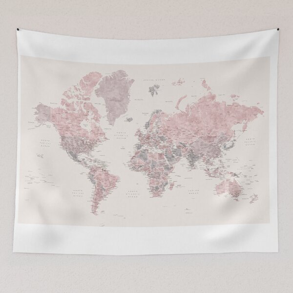 Item preview, Dusty pink and cream watercolor detailed world map Madelia designed and sold by blursbyai.