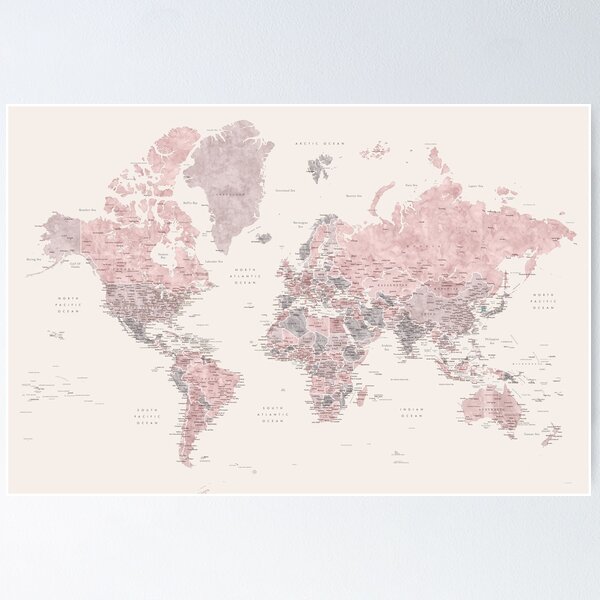 Carte du monde détaillée aquarelle rose poussiéreux et crème Madelia Poster