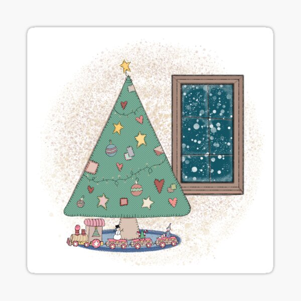 Primitive Christmas Tree and Toy Train Sticker