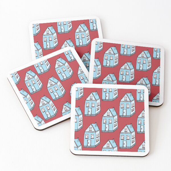 Item preview, Cozy blue houses pattern on the bright red background designed and sold by Zhenchuzhynka.