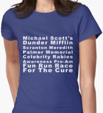 Michael Scott Dunder Mifflin Scranton Meredith Palmer Memorial Promi Tollwut Bewusstsein Pro-Am Fun Run Rennen für die Heilung Tailliertes T-Shirt für Frauen