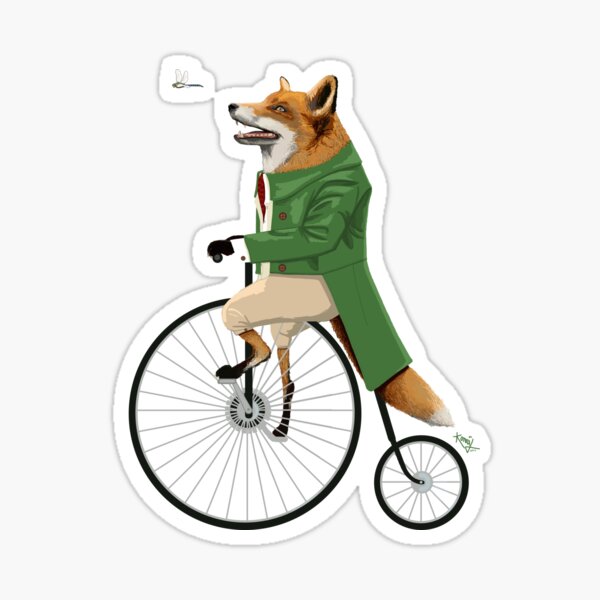 Fox riding bike in chase of dragonfly Sticker