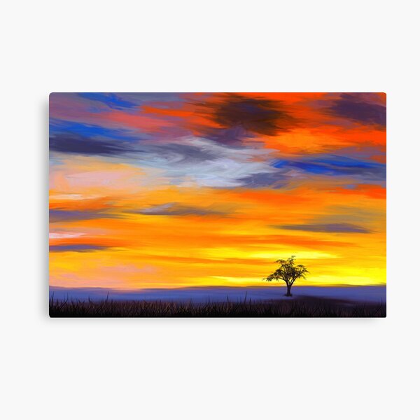 Landscape painting with a tree in the evening sun Canvas Print