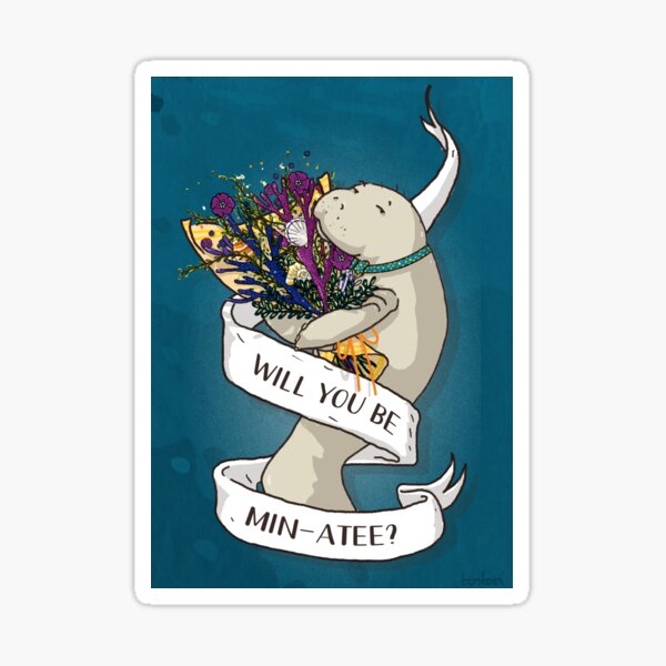 Will you be min-atee? Old timey romantic manatee with bouquet of flowers Sticker
