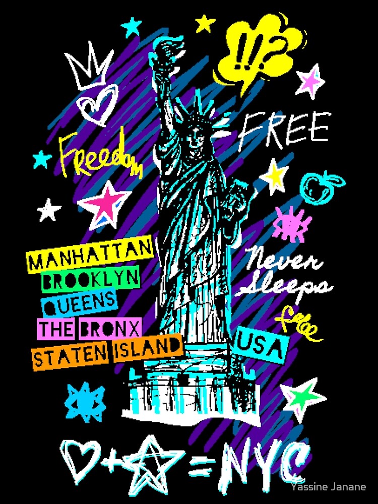 New York, city, american liberty, freedom, monument. Trendy t-shirt  template, fashion t shirt design, bright summer, cool slogan lettering.  Color pencil, marker ink, pen doodles sketch style Stock Vector