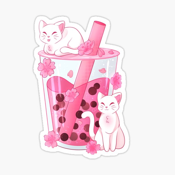 White Kawaii Kitty Drinking Boba Tea Waterproof Sticker | Boba Cat