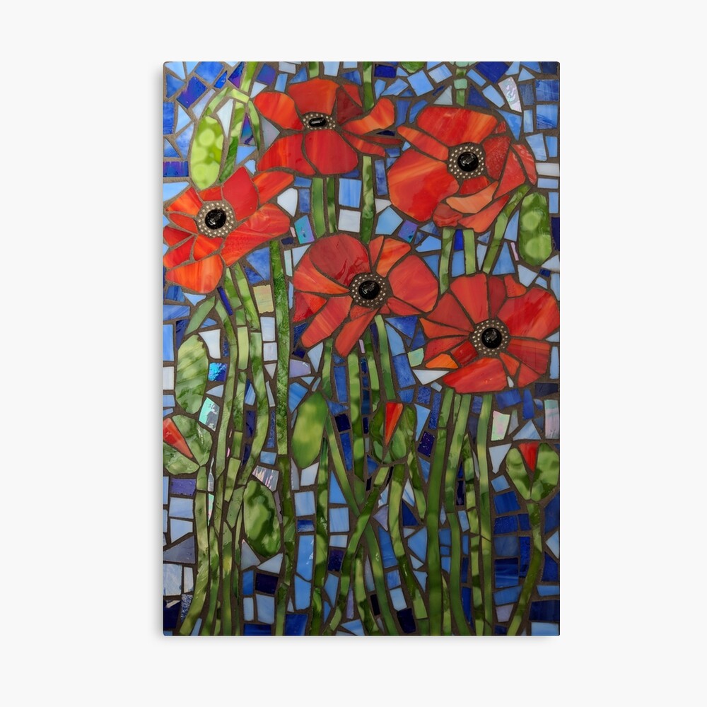 Poppy field mosaic, good mosaic flower garden, framed glass painting