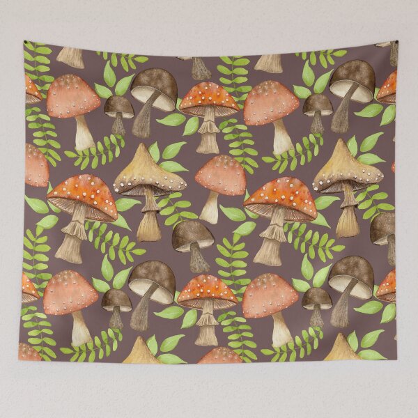 Item preview, Woodland Mushrooms On Earthy Brown designed and sold by TheSwimmingOwl.