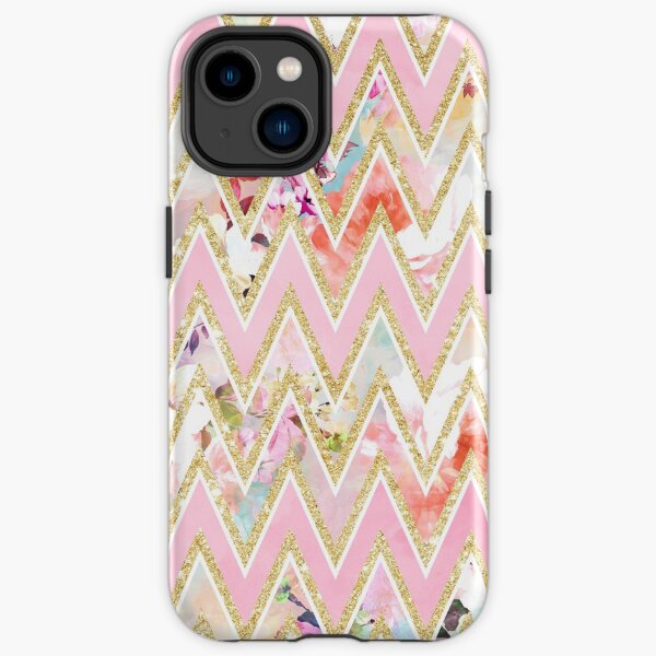 Pastel watercolor floral pink gold chevron pattern iPhone Tough Case