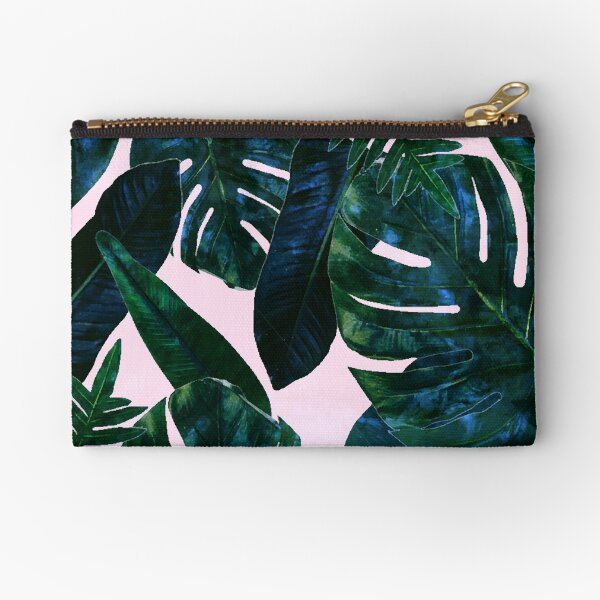 Perceptive Dream, Tropical Botanical Jungle Watercolor Painting, Monstera Palm Nature Bohemian Blush Illustration Zipper Pouch
