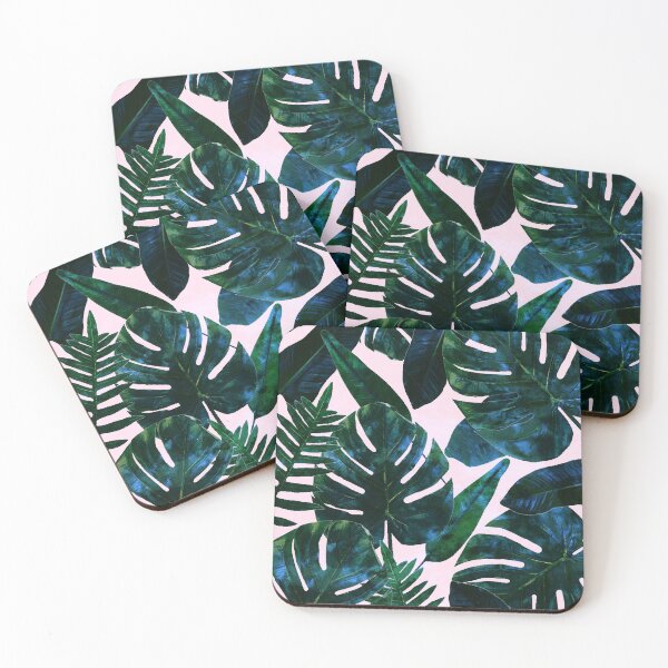 Perceptive Dream, Tropical Botanical Jungle Watercolor Painting, Monstera Palm Nature Bohemian Blush Illustration Coasters (Set of 4)