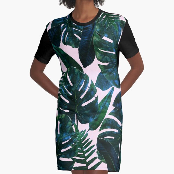 Perceptive Dream, Tropical Botanical Jungle Watercolor Painting, Monstera Palm Nature Bohemian Blush Illustration Graphic T-Shirt Dress