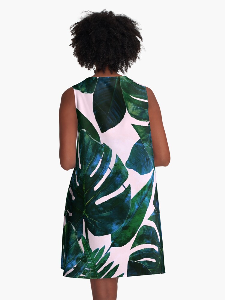 Thumbnail 3 of 4, A-Line Dress, Perceptive Dream | Tropical Nature Botanical Plants Painting | Palm Monstera Banana Leaves Jungle designed and sold by 83oranges.