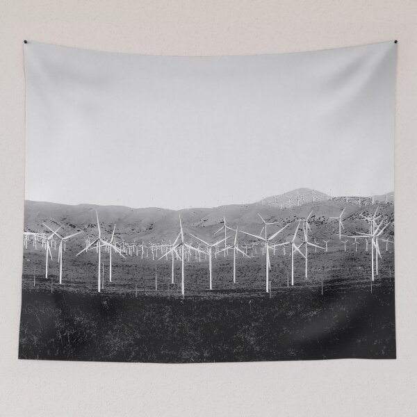 Item preview, wind turbine in the desert with mountain background in black and white designed and sold by Mrvell.