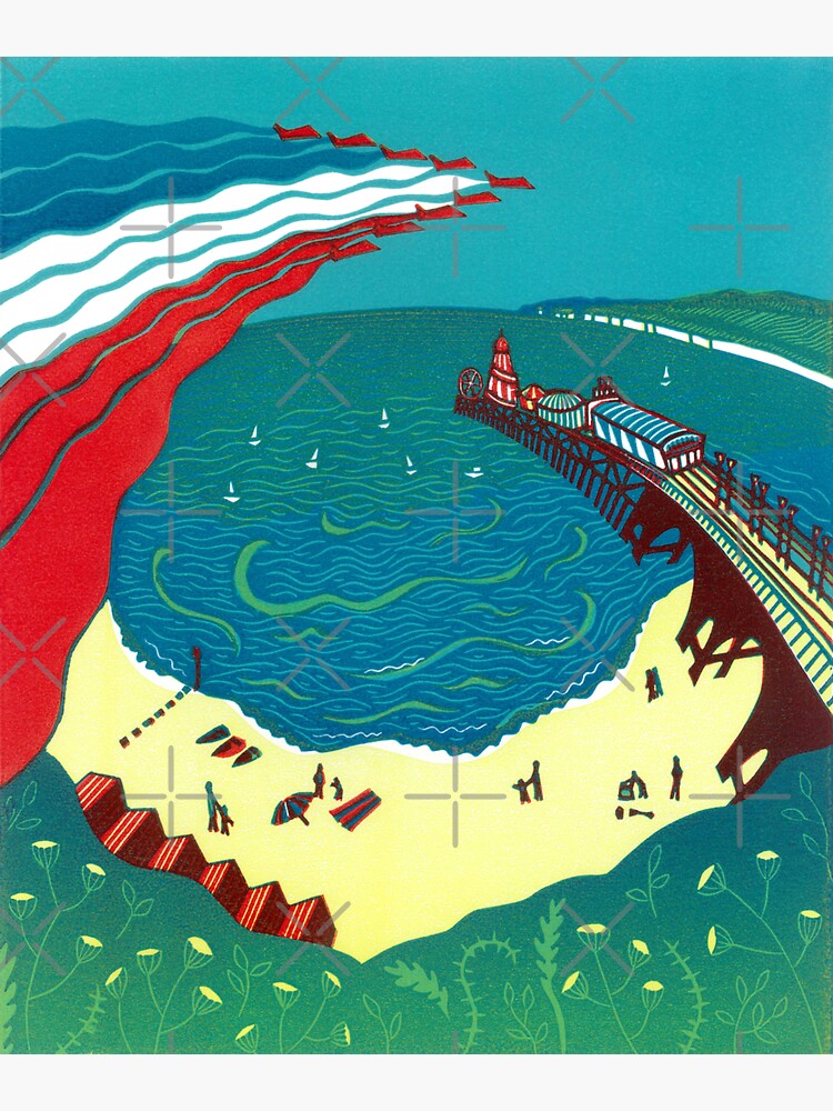 Thumbnail 3 of 3, Sticker, Red Arrows, Bournemouth Beach - linocut by Francesca Whetnall designed and sold by Cecca-Designs.