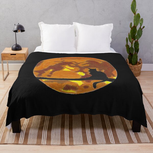 Aperçu de l'œuvre Miaou à la lune un chat noir sur une branche d'arbre contre une pleine lune orange créée et vendue par AliCatOriginals.