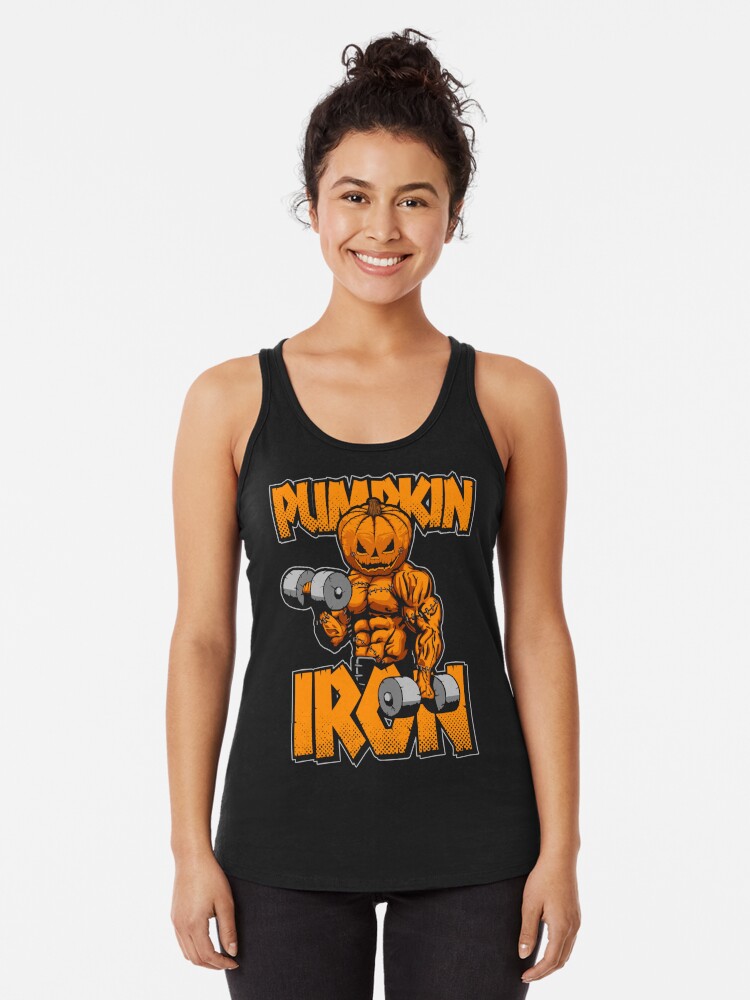 Thumbnail 1 of 3, Racerback Tank Top, Halloween Workout Pumpkin Iron Bodybuilder Fitness designed and sold by GrandeDuc.