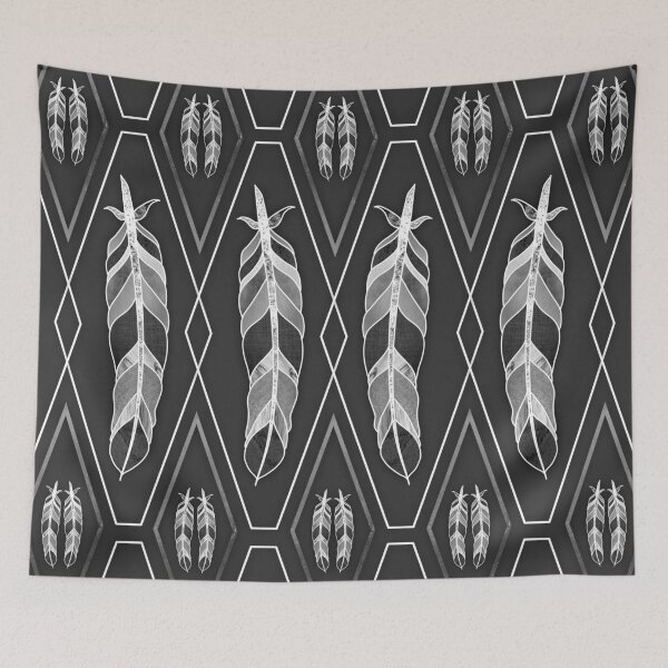 Item preview, Pattern of feathers with white diamond geometric shapes and black background designed and sold by CiniArt.